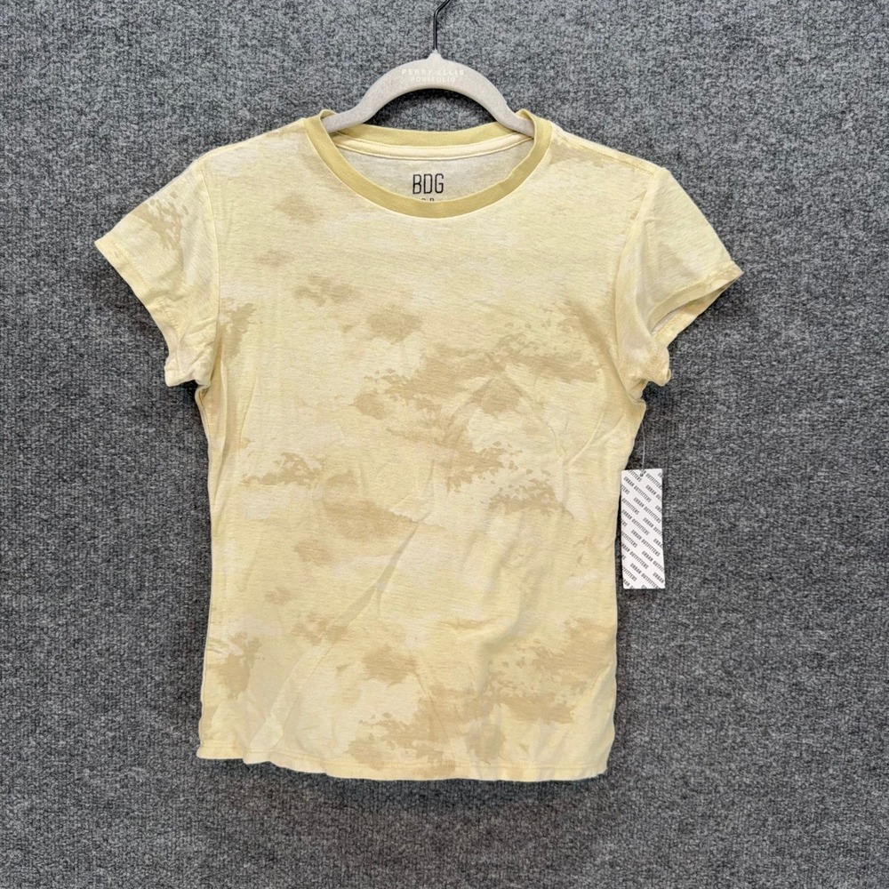 BDG Tshirt Womens Small Yellow Baby Tee Acid‎ Wash Tie Dye Crew Neck Cropped NEW